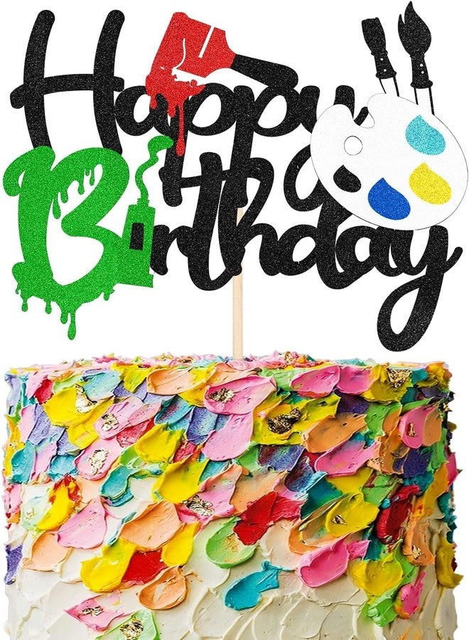 Confetti! Artist Themed Happy Birthday Cake Topper - Glitter Art Palette and Paint Brush Design - Perfect for Art Party Decorations, Kids Painting Birthday Celebrations - Image 1